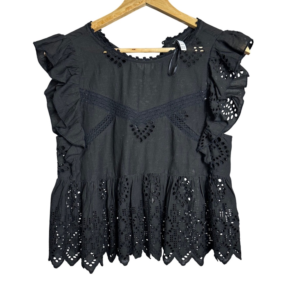 Black Eyelet Ruffle Flutter Sleeve Peplum Top Women's M boho feminine chic
